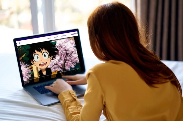 person watch anime on laptop