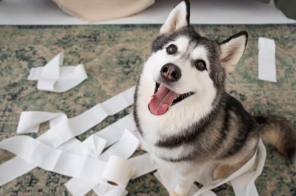 puppy with toilet paper