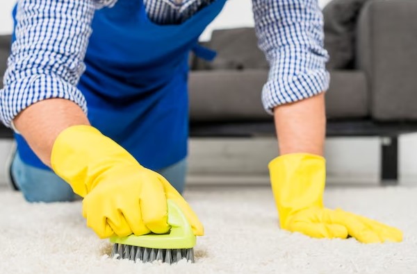 worker cleaning rug via brush