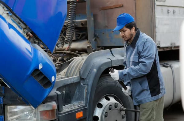 MECHANIC TIGHT THE BOLT OF THE TRUCK TIRE