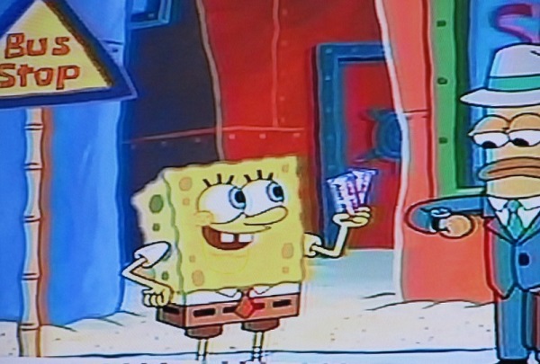 spongebob hand holding tickets